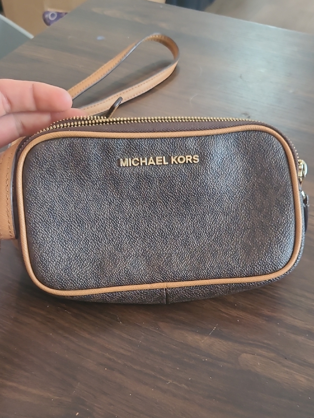 Michael Kors Brown with Tan Leather Wristlet Belt Bag